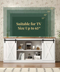 Slick Farmhouse TV Stand For 65 Inch Flat Screen Television with dimensions graphic showcasing suitability for up to 65 inch TVs.