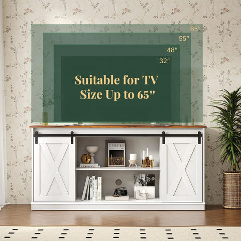 Slick Farmhouse TV Stand For 65 Inch Flat Screen Television with dimensions graphic showcasing suitability for up to 65 inch TVs.