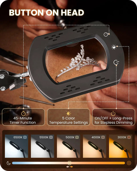 10X Magnifying Lamp With Stand And LED Light 2 In 1 Pro Grade Hands Free Desk Clamp Lamp in use for jewelry detail work
