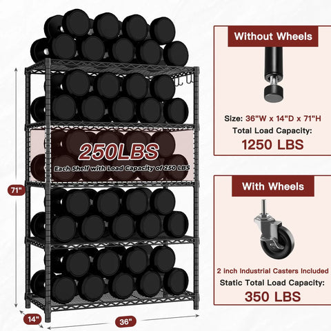 74 Inch High Wire Shelving With Wheels Beefy Heavy Duty 5 Tier Storage Rack That Holds Up To 1250 Lbs Total 250 Lbs Per Shelf Open Alloy Steel Shelving For Garage Workshop Basement, 36x14x71 in