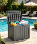 Massive 260 Gallon Outdoor Storage Box Bench Waterproof Resin Deck Box Lockable Patio Storage by poolside