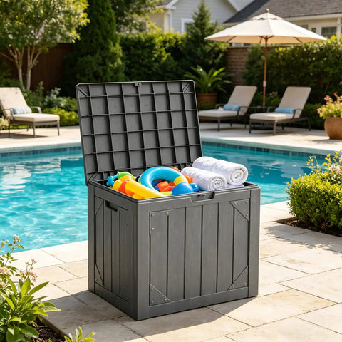 Massive 260 Gallon Outdoor Storage Box Bench Waterproof Resin Deck Box Lockable Patio Storage by poolside