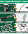 Diagram of 30-Inch By 10-Inch No-Fuss Pro-Grade Lawn Leveling Rake showing upgrades, durable handle, construction details