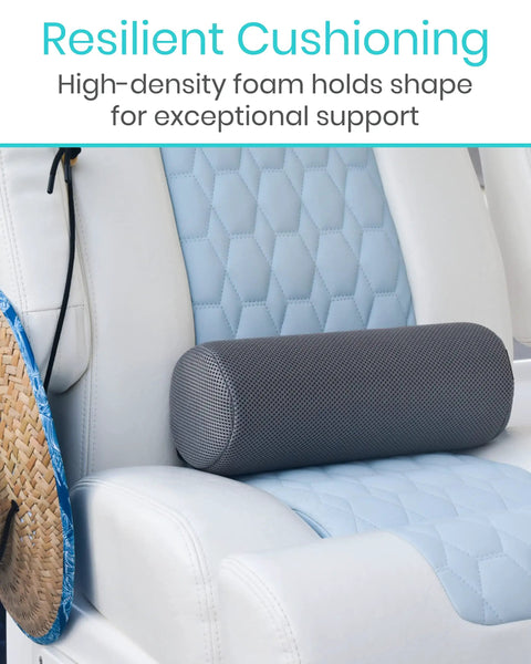 Get Your Back Swayin Cool With This Epic Firm Lumbar Roll Pillow For Pain Relief on a car seat, gray mesh cover, resilient cushioning.