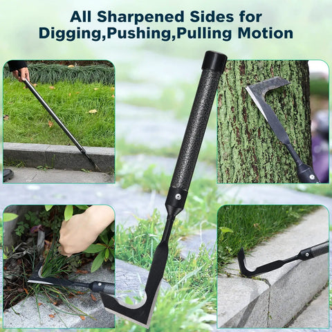 29 Inch Long Manual Crack Weeder For Sidewalk Crevices And Paver Edges Metal Handle Weed Puller Crevice Weeding Tool For Deck Boards Durable Manganese Steel Blade with sharp blade in use.