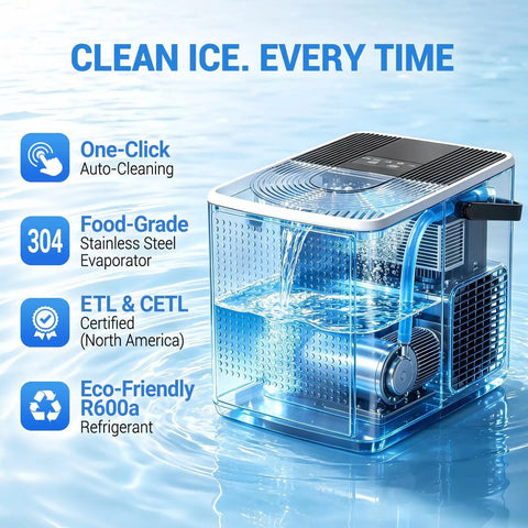Portable Countertop Ice Maker Featuring Modular Swappable Blocks And Instant Six Minute Freeze Cycles Generating Twenty Six Pounds Of Fresh Ice Daily For Zero Hassle Super Chill Vibes with stainless steel and water.