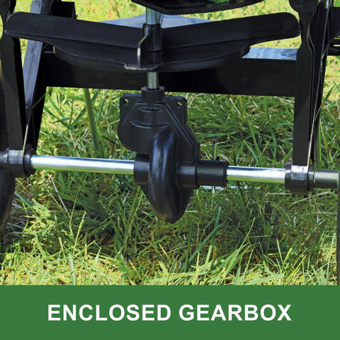 Enclosed gearbox of 60 Lb Walk Behind Spreader Built Tough With Pre Assembled Hopper And Enclosed Gear Box on grass