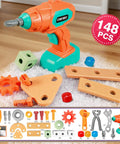 Kids Tool Set With Drill 148 Pieces Toddler Toolbox STEM Montessori Toys For 3 4 5 Year Olds, orange and teal drill