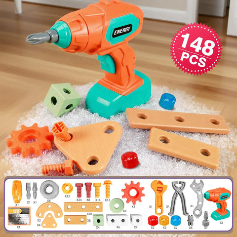 Kids Tool Set With Drill 148 Pieces Toddler Toolbox STEM Montessori Toys For 3 4 5 Year Olds, orange and teal drill