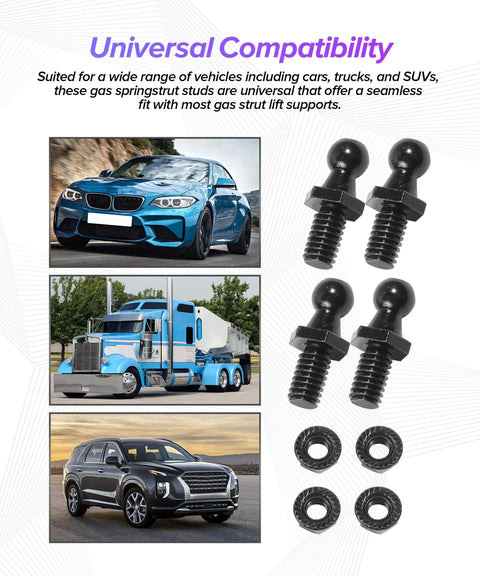 4 Piece Gas Strut Ball Stud Kit With 10 mm Ball Studs And Hardware Nuts For Hoods And Trunks, Easy Auto Replacement Shock Mounting Kit For Sedans SUVs MPVs Black, universal fit