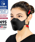 N95 Mask Black Particulate Respirator Over-The-Head Headband Fit NIOSH Certified 95 Percent Protection Made In USA worn by a woman