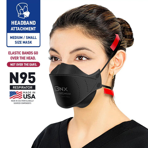N95 Mask Black Particulate Respirator Over-The-Head Headband Fit NIOSH Certified 95 Percent Protection Made In USA worn by a woman