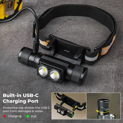 Bright 1200 Lumen Rechargeable Headlamp With Dual LEDs showing USB-C charging port on concrete surface.