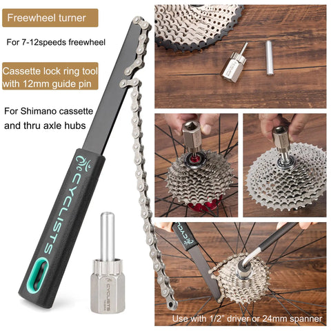 Close-up of tools from 7 Piece Bike Tool Kit With Storage Case For Mountain And Road Bikes, including chain whip and lockring remover.
