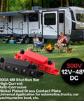 Beast Grade 300A M8 Bus Bar With 12V To 48V Battery Terminal Power Distribution Block displayed near a camper in nature.