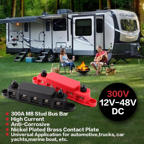 Beast Grade 300A M8 Bus Bar With 12V To 48V Battery Terminal Power Distribution Block displayed near a camper in nature.