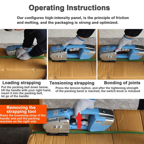 Operating instructions for Electric Handheld Welding Strapping Machine For Pet And Pp Straps with steps for loading, tensioning, and bonding.