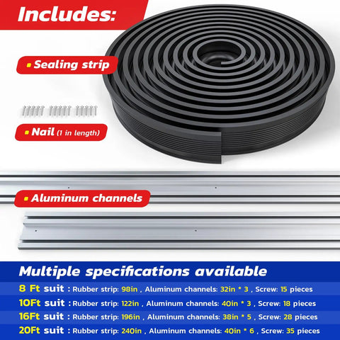 Garage Door Bottom Seal Kit With Pre Drilled Aluminum Track Retainer Base, Heavy Duty U And O Ring Weather Stripping, 16 Ft All Weather Seal For Extreme Temperatures, Draft Stopper, Easy Install components shown.