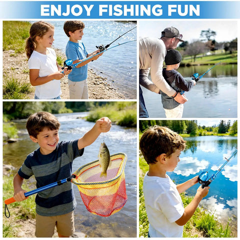 Children using All In One Kids Fishing Pole Set With Telescopic Rod And Spin Cast Reel Net Tackle Box And Travel Bag by a lake