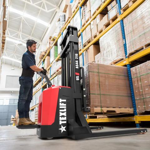Heavy Duty Electric Pallet Stacker With Stand, 4400 Lbs Capacity, 216 Inch Lift, in warehouse with operator