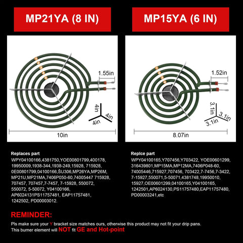 Electric Range Burner Element Replacement Set For 8-Inch MP21YA And 6-Inch MP15YA with dimensions and part numbers