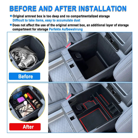 Before and after installation of Nissan Frontier Center Console Organizer Tray Perfect Fit For 2022 2023 2024 2025 2026 Frontier