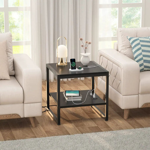 End Table With Charging Station For Living Room Dope Setup, 2 AC Outlets And 3 USB Ports, 20 Inch Wide, Black, between sofas