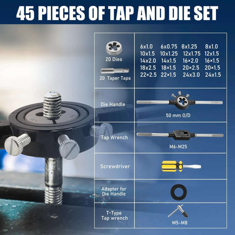 45 Piece Metric Tap And Die Set For Threading And Rethreading M6 To M25 With Wrenches Case And Extra Tools Including 20 Taps 20 Dies