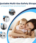Mother and baby with inset images of Adhesive Child Safety Strap Locks For Cabinets And Drawers, Toilets, Fridges, Dishwashers, Ovens And More.