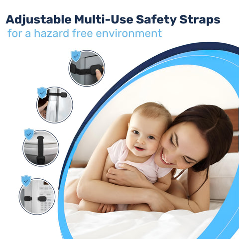 Mother and baby with inset images of Adhesive Child Safety Strap Locks For Cabinets And Drawers, Toilets, Fridges, Dishwashers, Ovens And More.