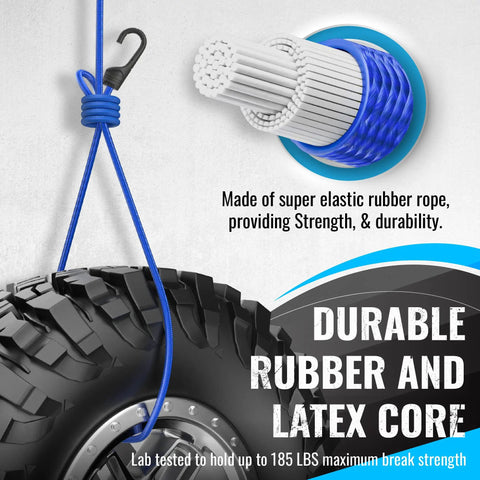 Heavy Duty Bungee Cords With Hooks 30 Pack - Assorted Sizes; close-up of rubber rope and tire, showcasing strength and durability