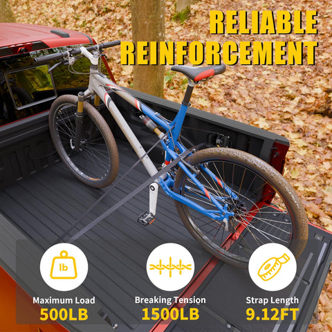 Ford F-150 Retractable Ratchet Straps 2 Pack used to secure a bicycle in the truck bed of a Ford F-150, showcasing load details.