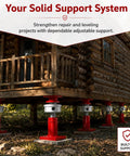 Badass Two Piece Adjustable Screw Jack Post Set For Foundation Leveling With Heavy Duty Red Brackets And Sturdy Wrenches Rock Solid Crawl Space Support System under a wooden cabin.