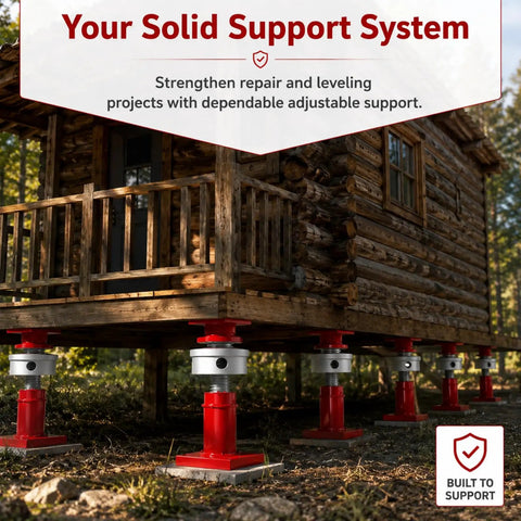 Badass Two Piece Adjustable Screw Jack Post Set For Foundation Leveling With Heavy Duty Red Brackets And Sturdy Wrenches Rock Solid Crawl Space Support System under a wooden cabin.