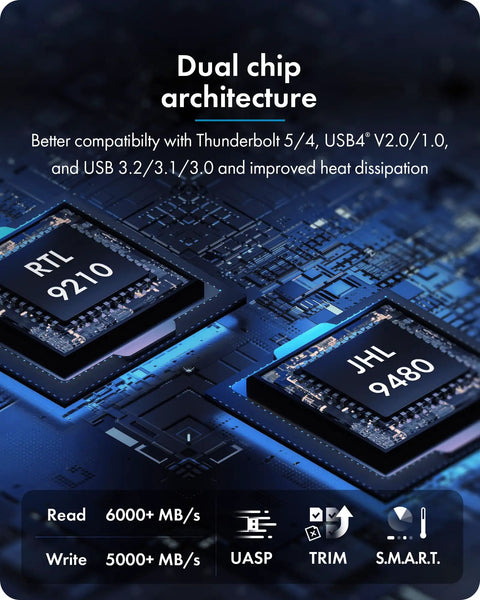 Close-up of dual chip architecture for Dang Fast M.2 NVMe SSD Enclosure With Integrated Cooling Fan and Heavy Duty Aluminum Housing.