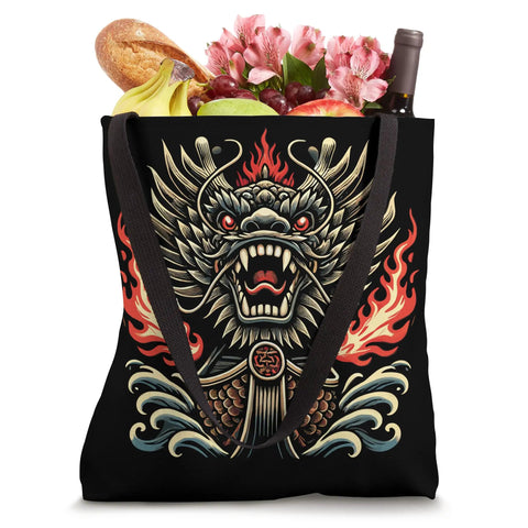 Racing Tote Bag For Dragon Boat Fans And Athletes showcasing vibrant dragon artwork, filled with groceries, ideal for race day use.