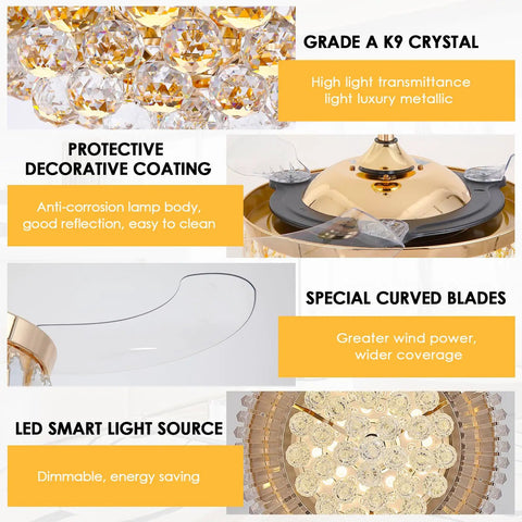 Detailed view of Crystal Chandelier Ceiling Fan With Retractable Blades, Remote Control, Dimmable Lights showing crystal, blades, and LED.