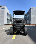 Pro Grade Two Passenger Electric Golf Cart Featuring Fast Charge Lithium Battery And Slick Aluminum Frame For Smooth Fairway Cruising And Quick Weekend Getaways, front view in parking lot.
