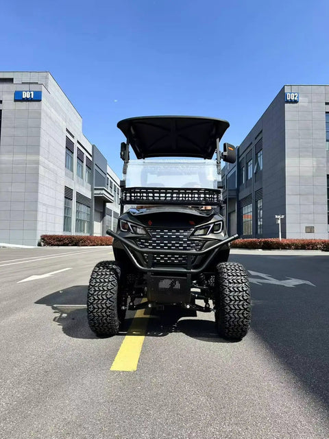 Pro Grade Two Passenger Electric Golf Cart Featuring Fast Charge Lithium Battery And Slick Aluminum Frame For Smooth Fairway Cruising And Quick Weekend Getaways, front view in parking lot.