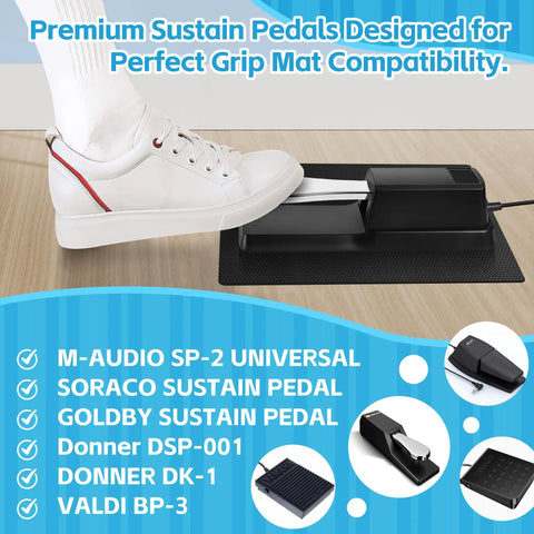 Non Slip Piano Sustain Pedal Mat for Digital Keyboard and Electric Piano showing anti slip rubber base with sneaker on pedal