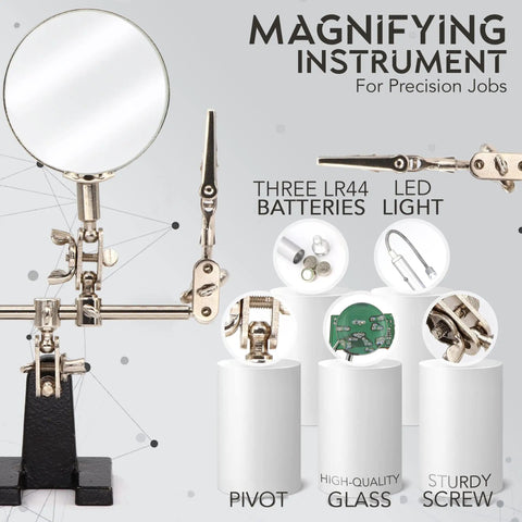Helping Hand Magnifier Glass Stand With Flexible Neck LED Light And Alligator Clips 3X Magnification for detailed work