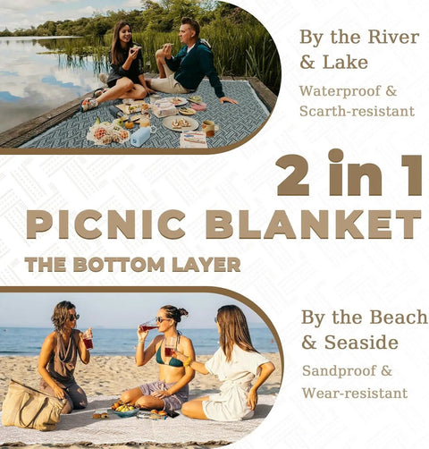 2 In 1 Extra Large Camping Blanket With Soft Woven Top And Durable Oxford Base used by lake and beach