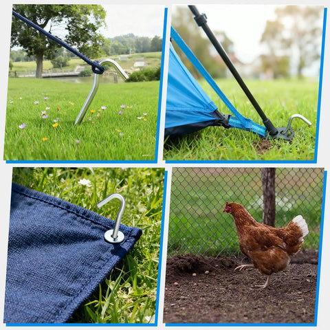 9 Inch Metal Tent Stakes Set 30 Pack Heavy Duty Galvanized Ground Anchors in use with tent and outdoor decor.