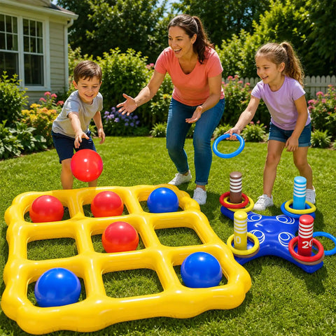 Kids playing with Two-In-One Inflatable Pool Game Center With Giant Floating Tic Tac Toe And Cross Ring Toss Epic Water Fun