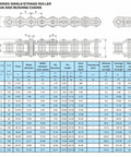 Technical diagram of A series single-strand roller chain dimensions and strength specifications for various chain sizes.