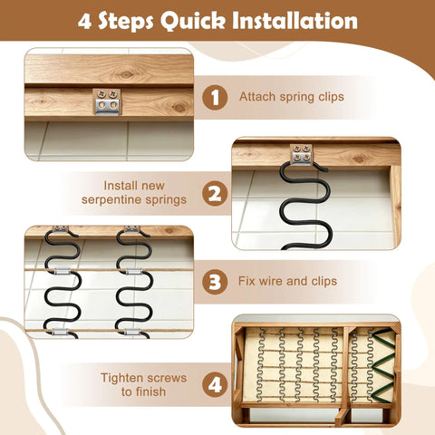4 steps quick installation guide for Hard As Nails Heavy Duty Couch Spring Repair Kit with sinuous springs and clips.