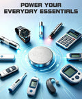 Solid As A Rock 3V CR2032 Lithium Batteries 10 Pack Heavy Duty Coin Cell with various electronic devices on blue background.