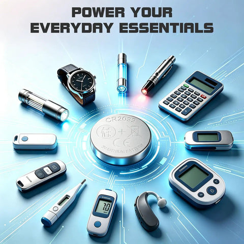 Solid As A Rock 3V CR2032 Lithium Batteries 10 Pack Heavy Duty Coin Cell with various electronic devices on blue background.