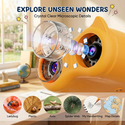 2 In 1 Kids Microscope And Telescope With 1000X Magnification Handheld Digital Microscope With 2 Inch Screen And 8 LED Lights Totally Kid Approved For Outdoor Use 10X Pocket Telescope 1080P Camera STEM Toy Gift For Boys And Girls Ages 4 To 12 Yellow showing lens detail