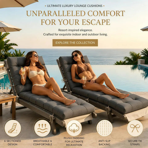 Two chaise lounges with Ultra Comfy All Weather Outdoor Chaise Lounge Cushion Waterproof 74.4 Inch Long by 22 Inch Wide by 4.7 Inch Thick With Ties for Poolside Patio Balcony Furniture Grey, poolside setting